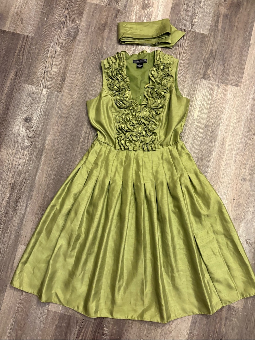 Jessica Howard Olive Green Ruffle Neck Fit-and-Flare Dress